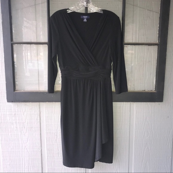 Chaps black dress w/ faux wrap skirt, surplice top - Picture 1 of 6